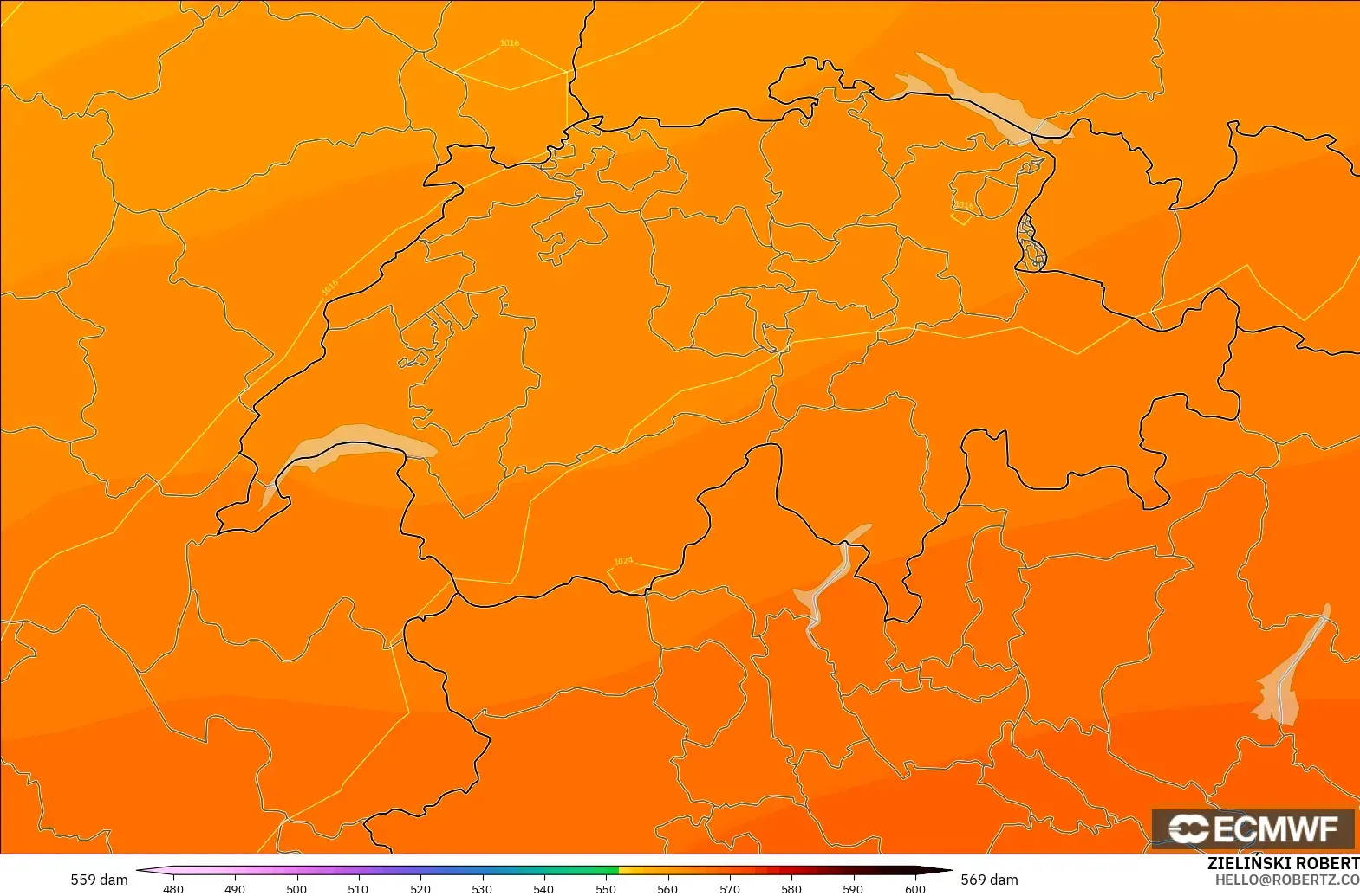 ECMWF IFS 0.25° modelo - Suiza, Altura geopotencial a 500 hPa