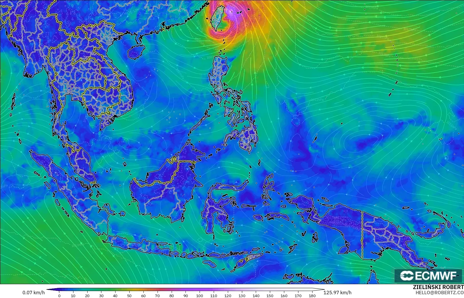 ECMWF IFS 0.25° modelo - Sudeste Asiático, Viento a 10 m