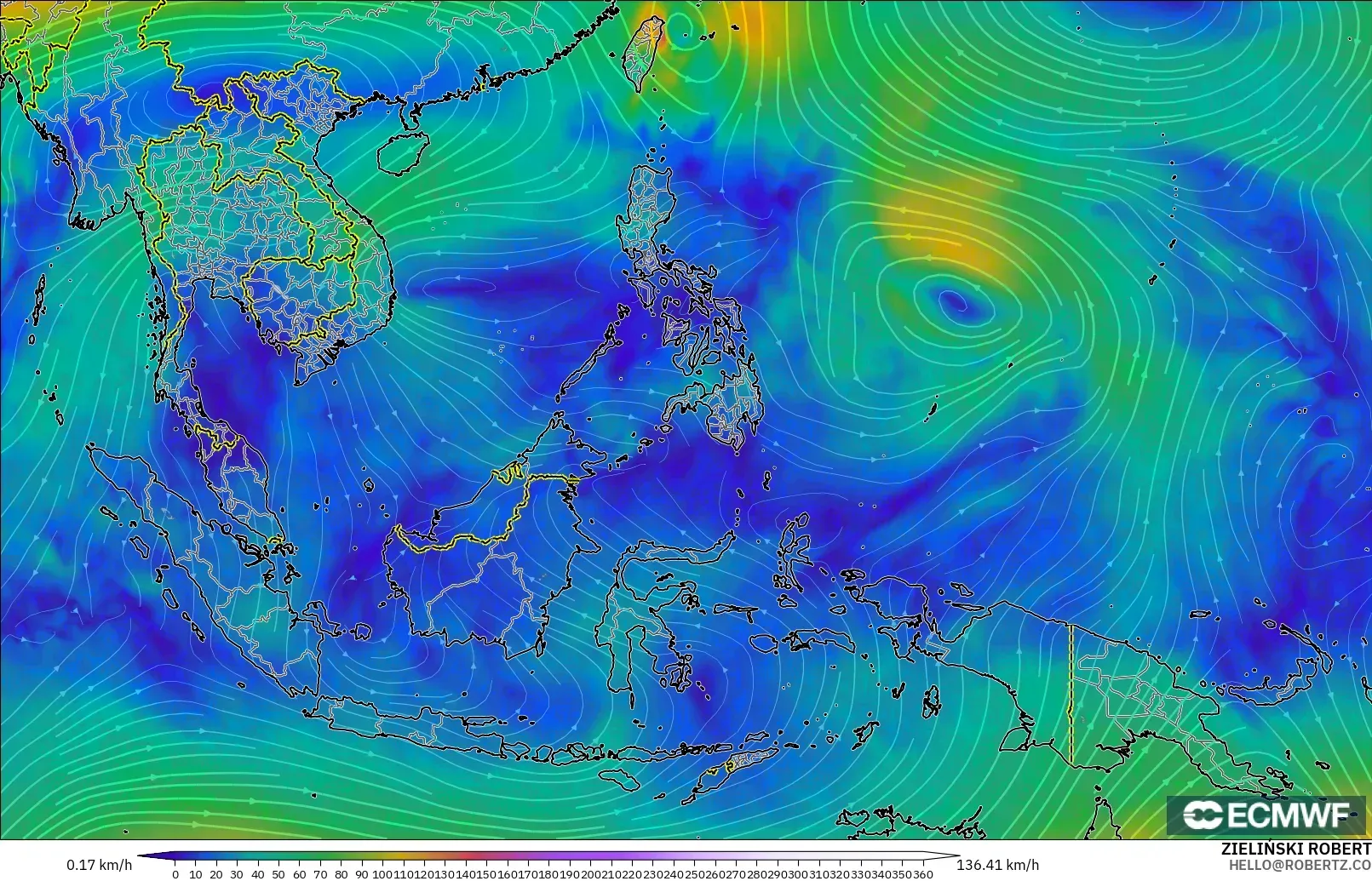 ECMWF IFS 0.25° modelo - Sudeste Asiático, Viento a 300 hPa (corriente en chorro)