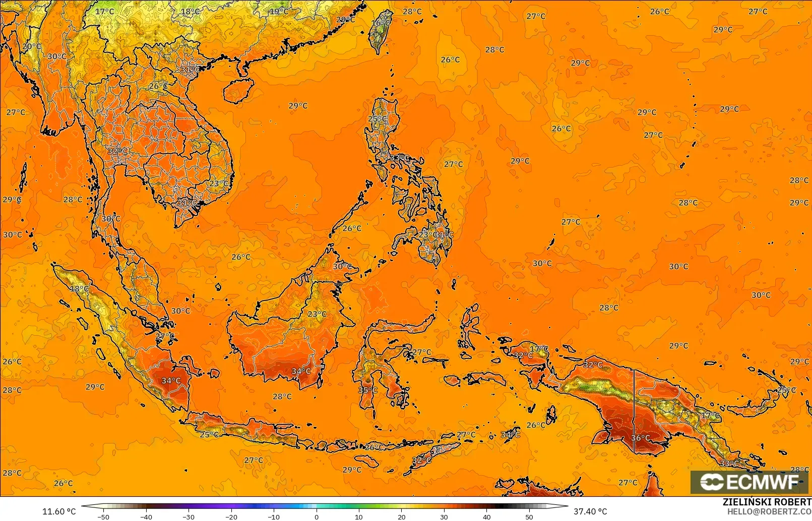 ECMWF IFS 0.25° modelo - Sudeste Asiático, Temperatura a 2 m