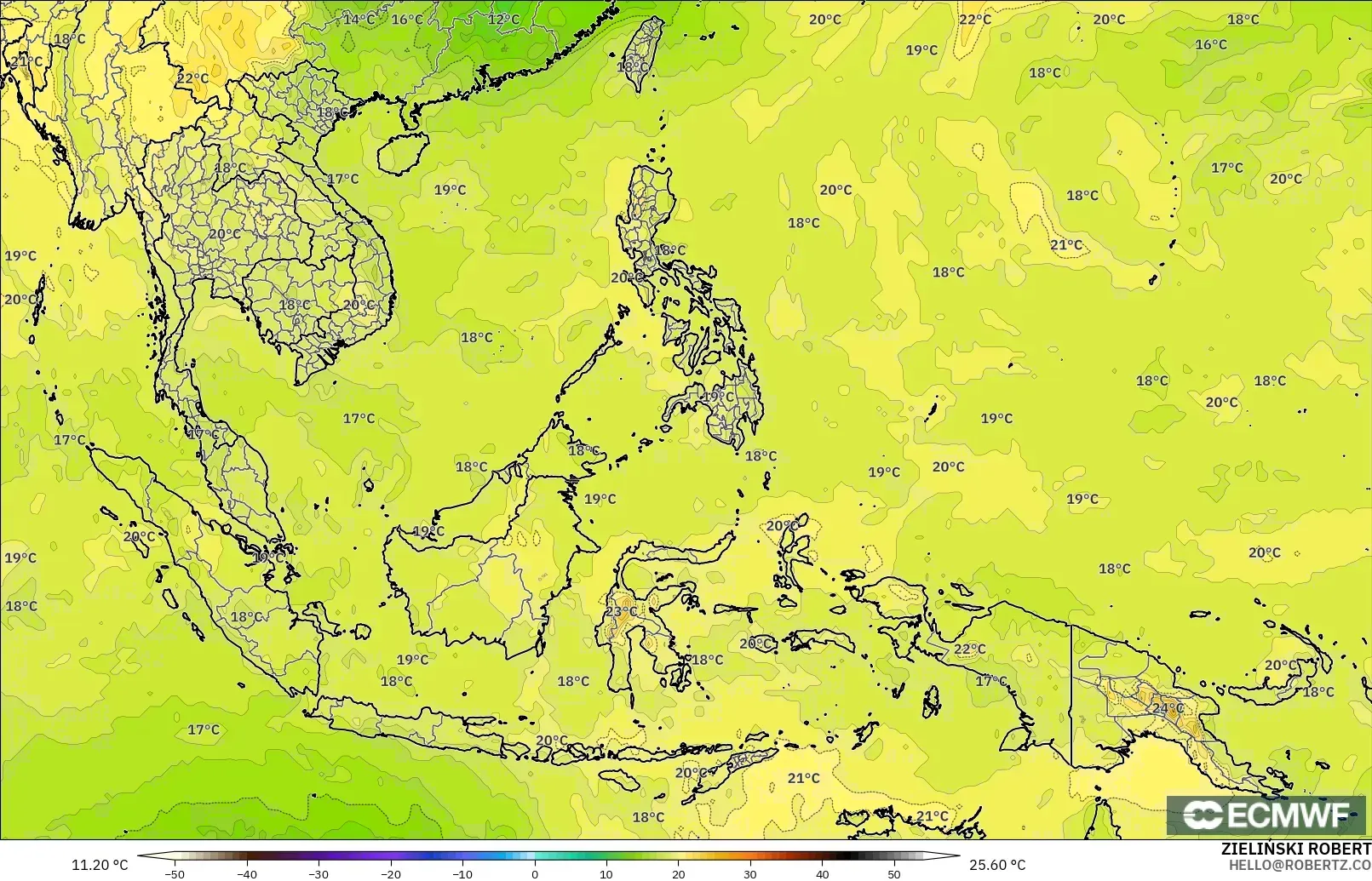 ECMWF IFS 0.25° modelo - Sudeste Asiático, Temperatura a 850 hPa