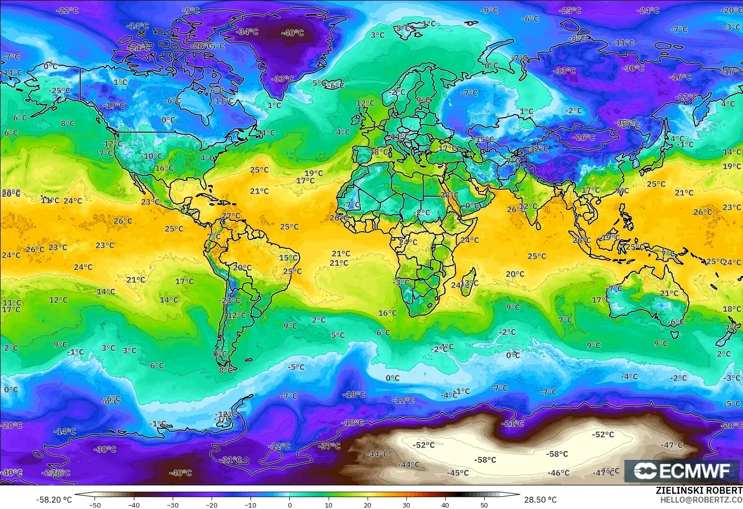 ECMWF IFS 0.25° modelo - Mundo, Punto de rocío a 2 m