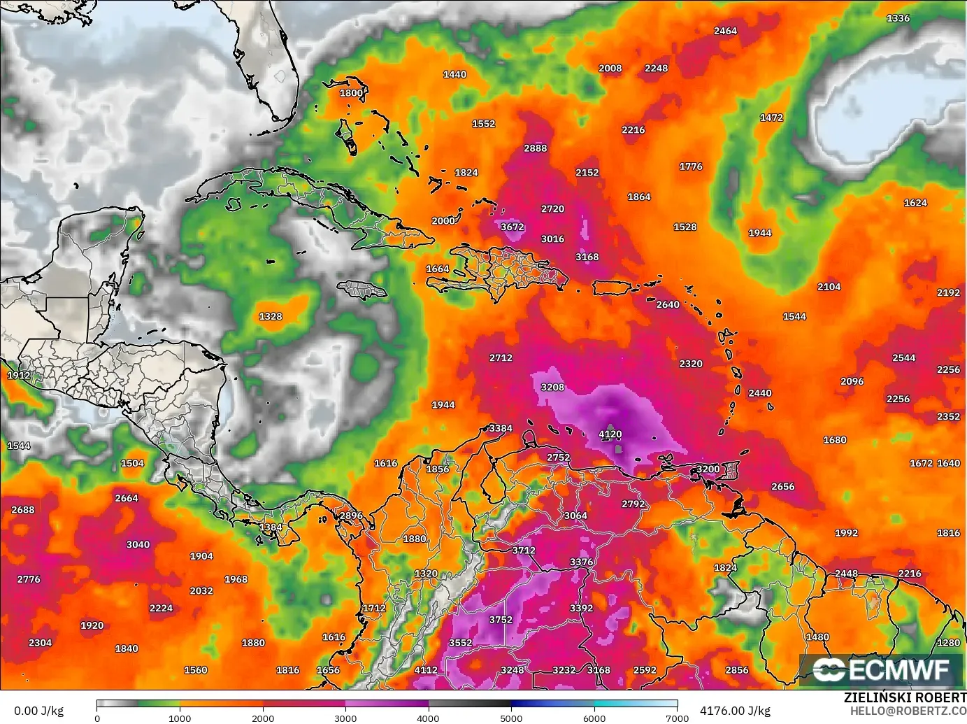 ECMWF IFS 0.25° modelo - Caribe, CAPE
