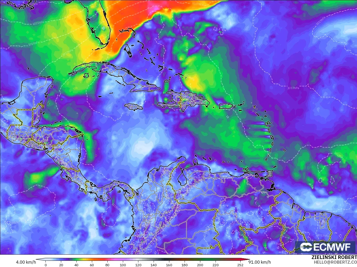 ECMWF IFS 0.25° modelo - Caribe, Ráfagas de Viento Máximas