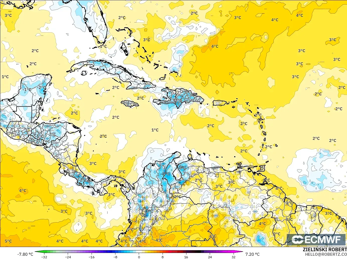 ECMWF IFS 0.25° modelo - Caribe, Anomalía de temperatura a 2 m