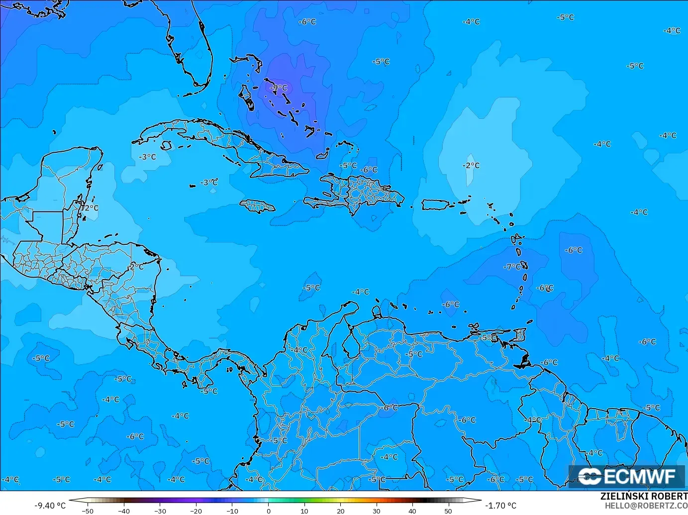ECMWF IFS 0.25° modelo - Caribe, Temperatura a 500 hPa