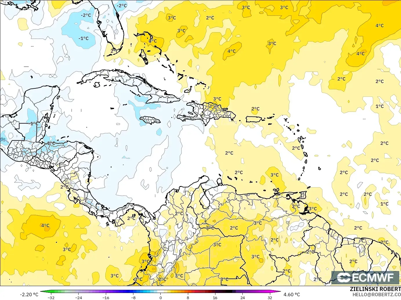 ECMWF IFS 0.25° modelo - Caribe, Anomalía de temperatura a 850 hPa