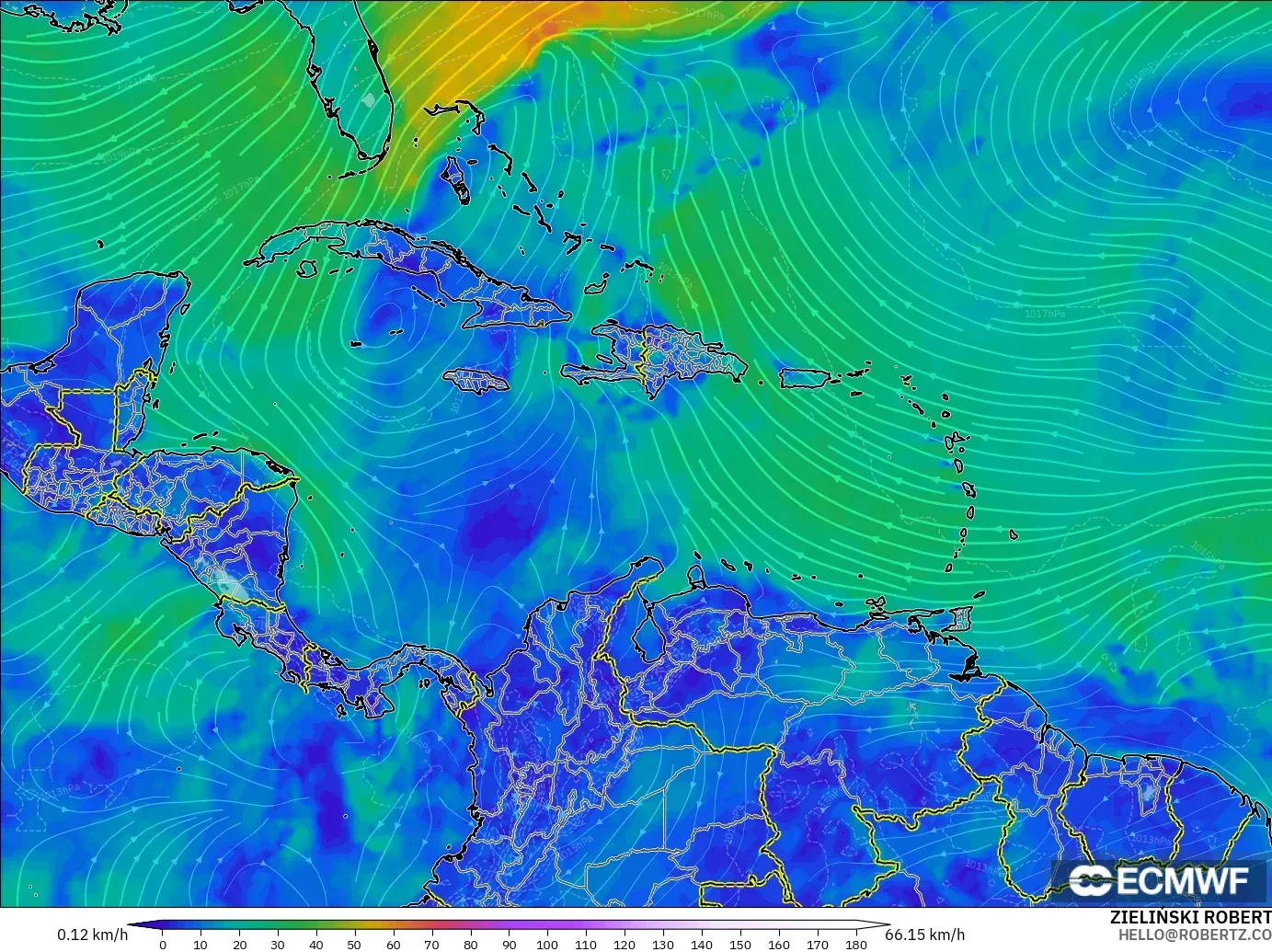ECMWF IFS 0.25° modelo - Caribe, Viento a 10 m