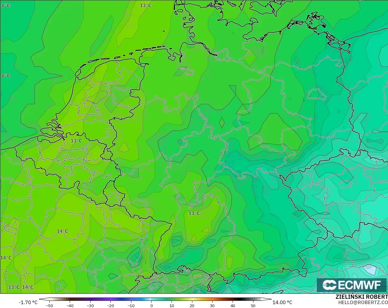 ECMWF IFS 0.25° modelo - Alemania, Punto de rocío a 2 m