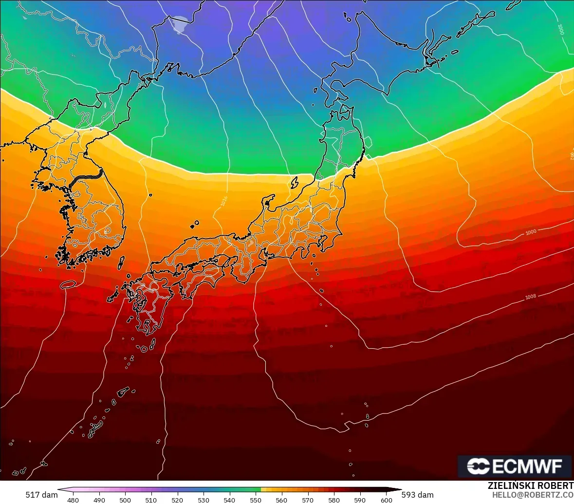 ECMWF IFS 0.25° modelo - Japón, Altura geopotencial a 500 hPa