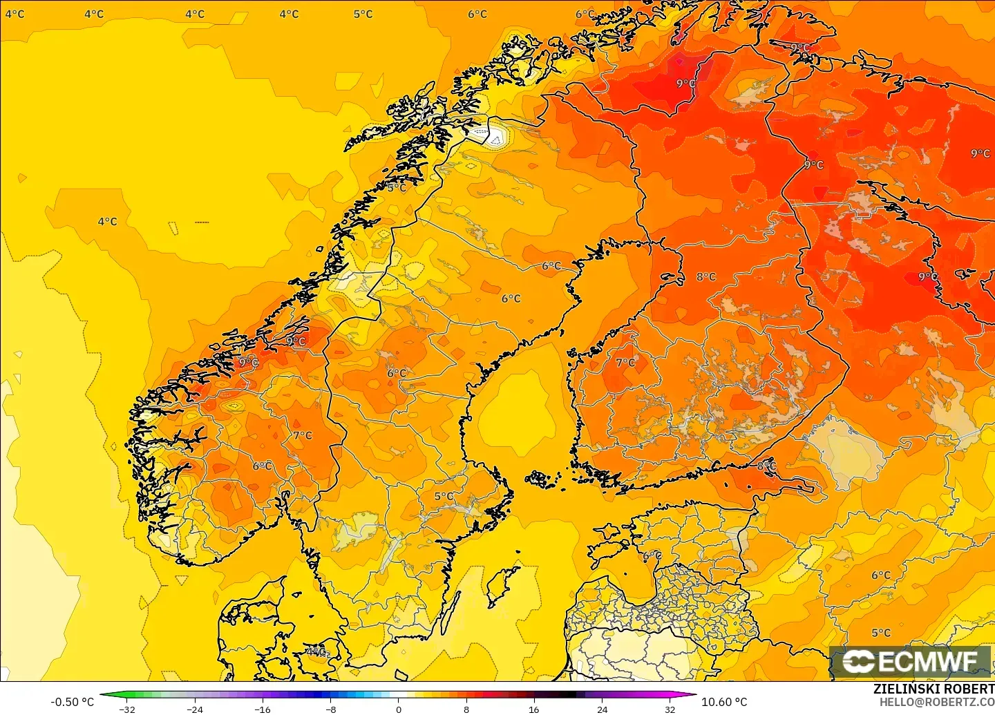 ECMWF IFS 0.25° modelo - Escandinavia, Anomalía de temperatura a 2 m