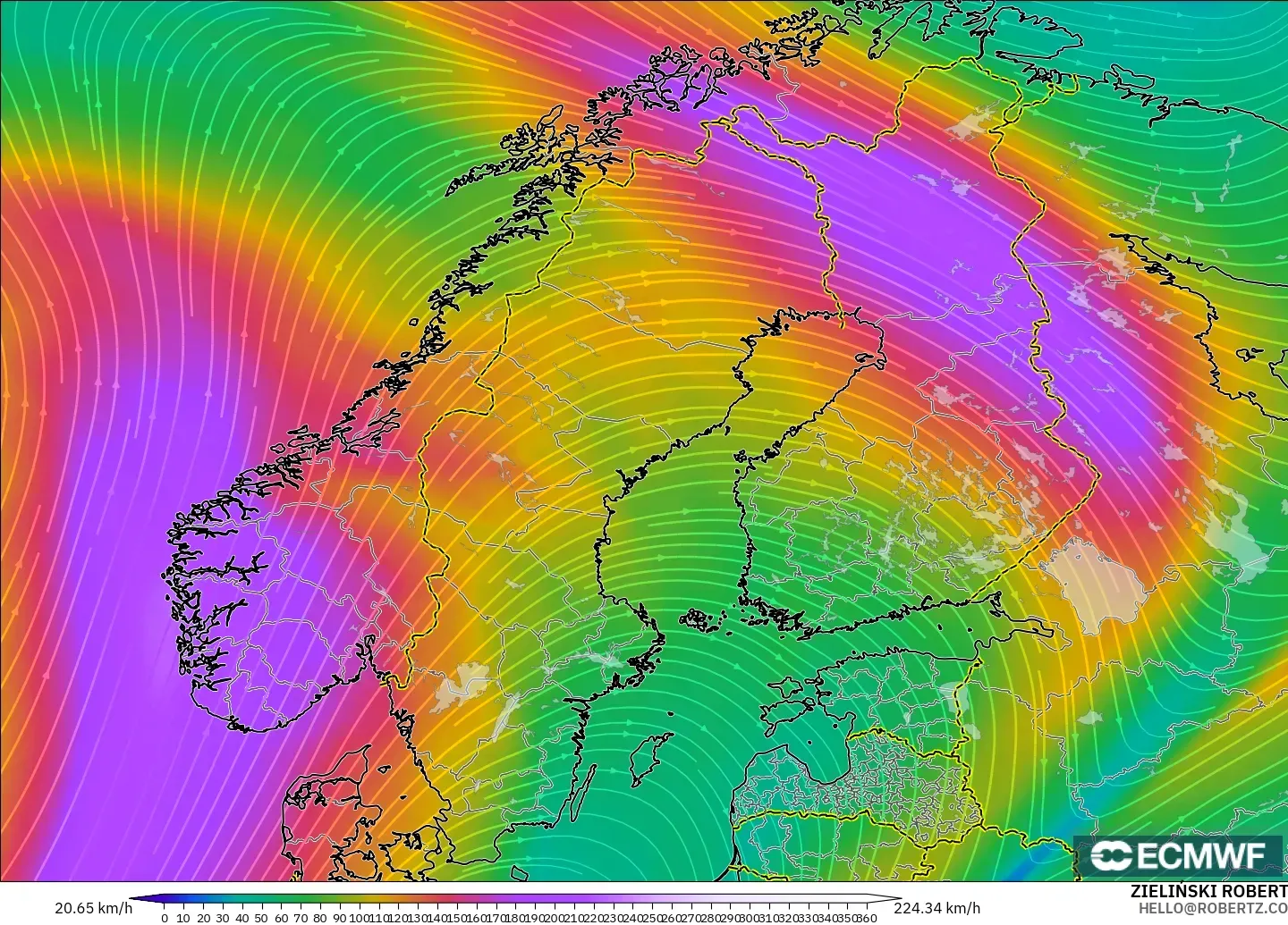 ECMWF IFS 0.25° modelo - Escandinavia, Viento a 300 hPa (corriente en chorro)