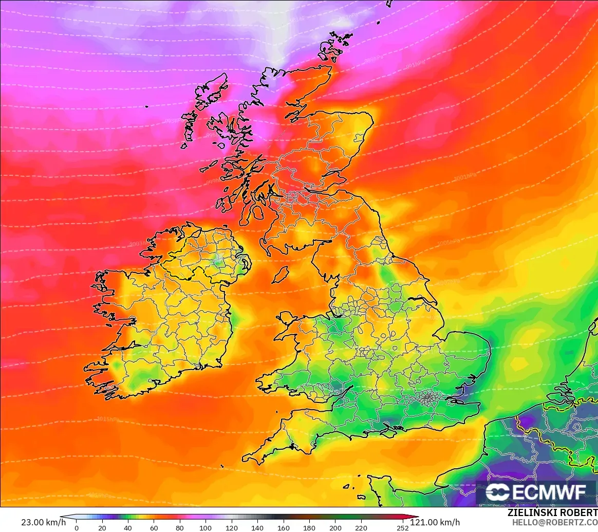 ECMWF IFS 0.25° modelo - Reino Unido, Ráfagas de Viento Máximas
