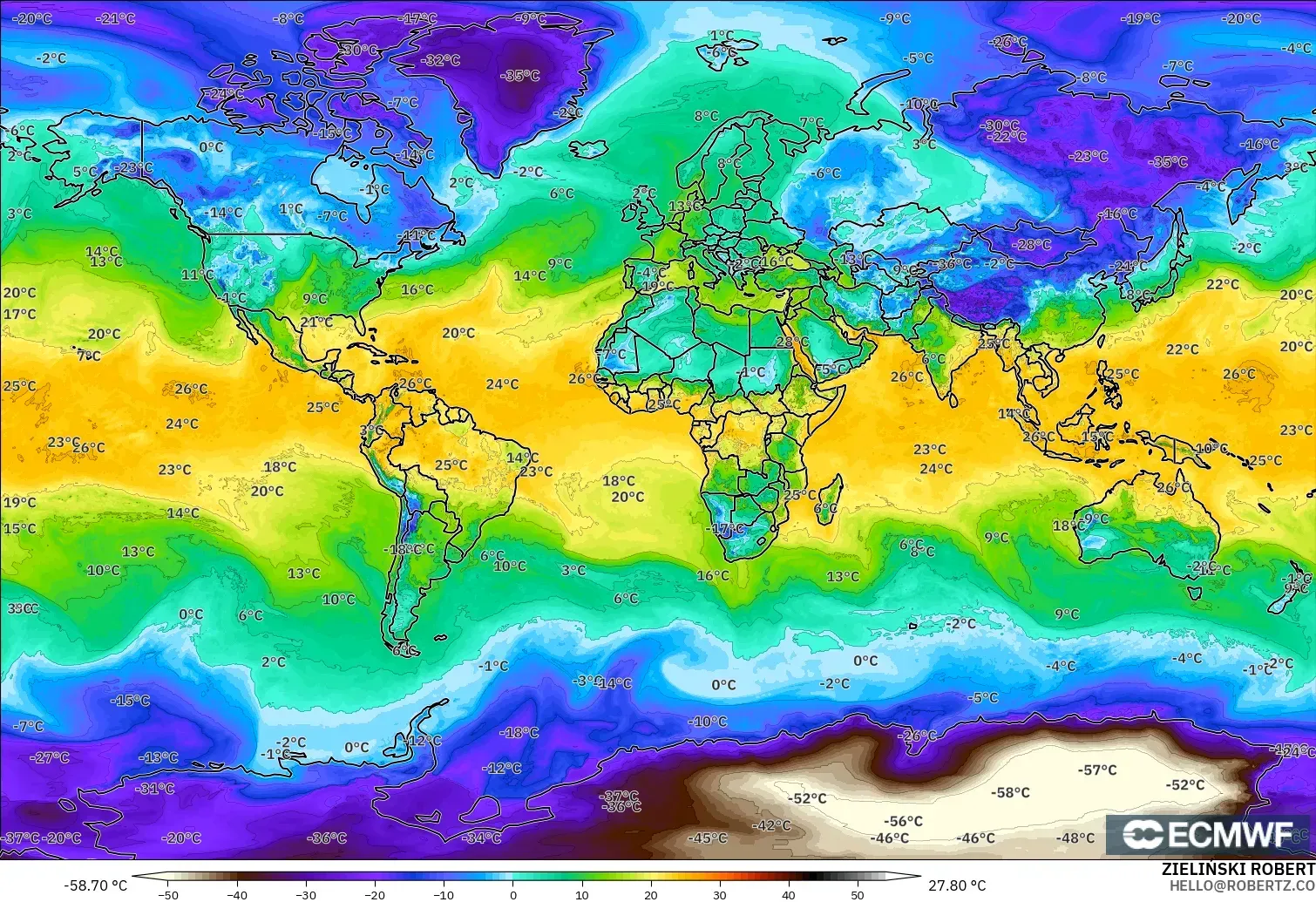 ECMWF IFS 0.25° modelo - Mundo, Punto de rocío a 2 m