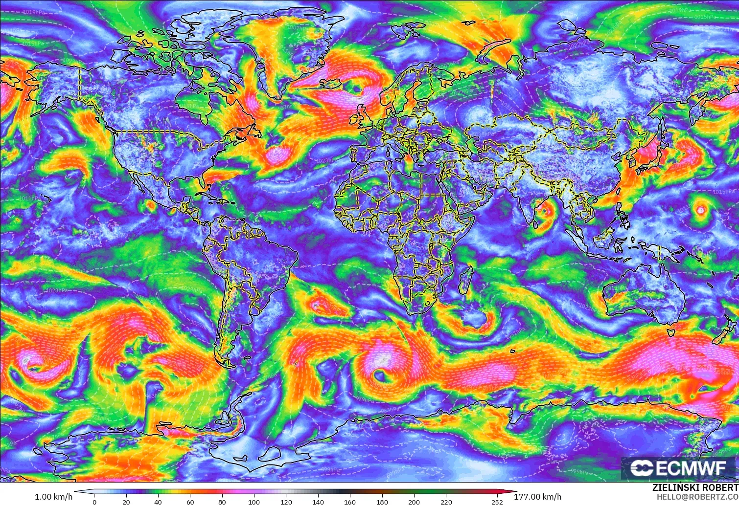 ECMWF IFS 0.25° modelo - Mundo, Ráfagas de Viento Máximas