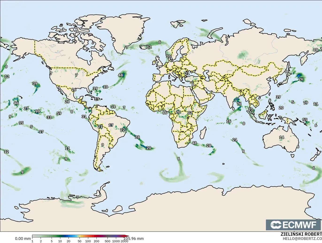 ECMWF IFS 0.25° modelo - Mundo, Acumulación de precipitación