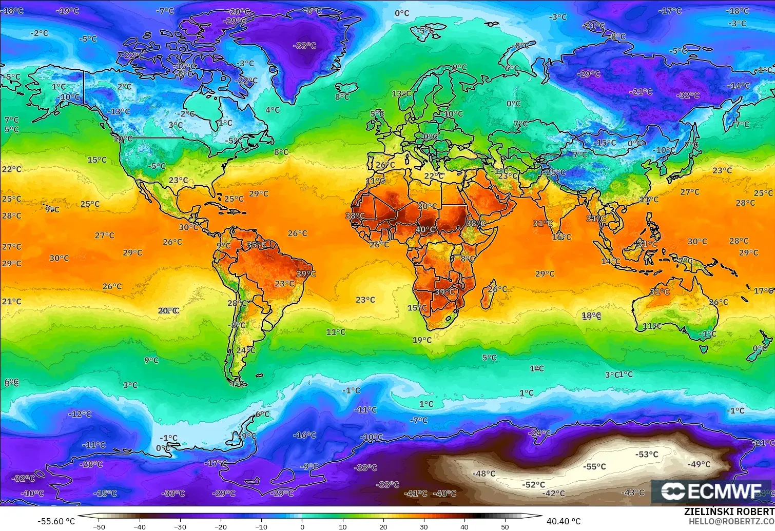 ECMWF IFS 0.25° modelo - Mundo, Temperatura a 2 m