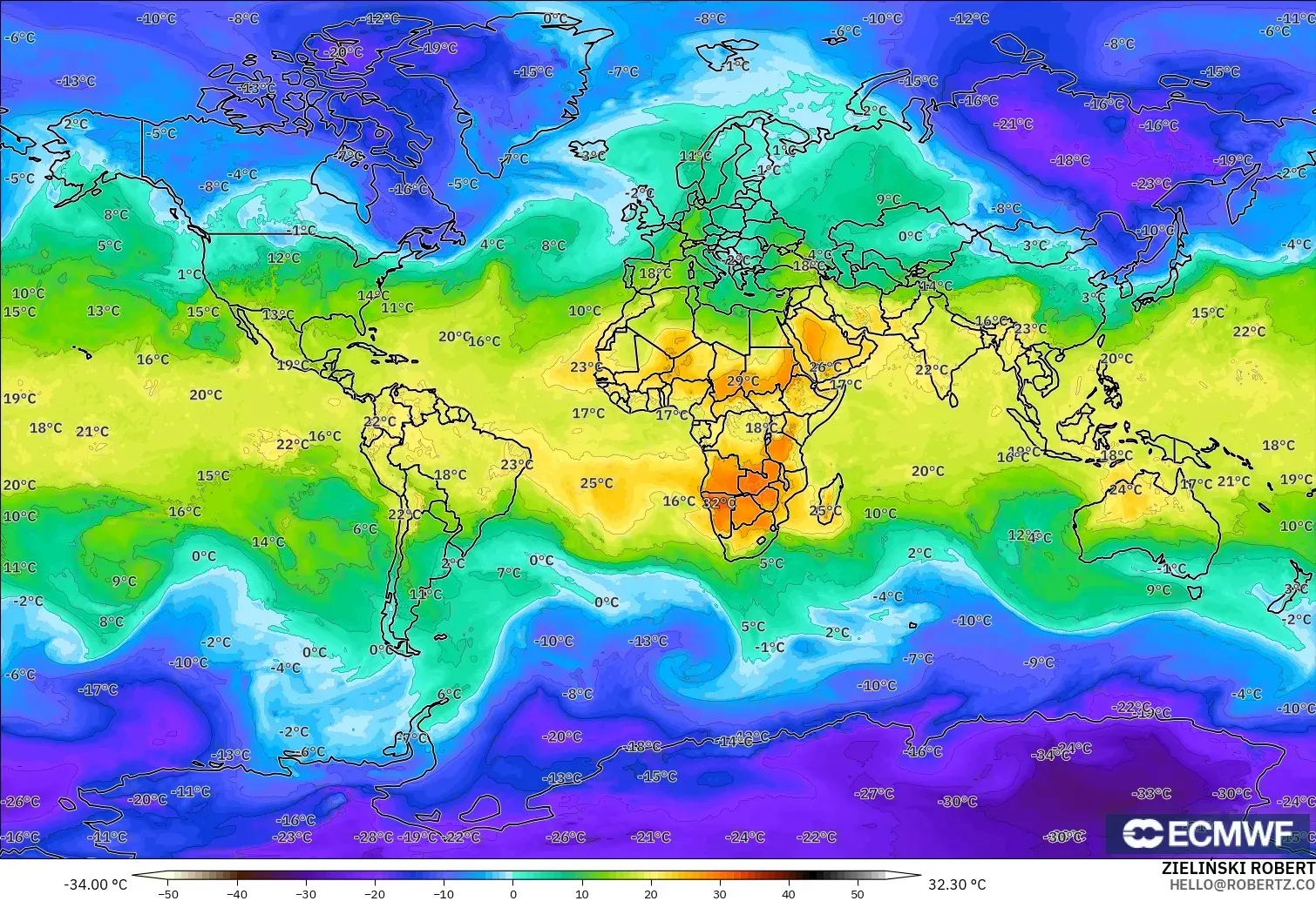 ECMWF IFS 0.25° modelo - Mundo, Temperatura a 850 hPa