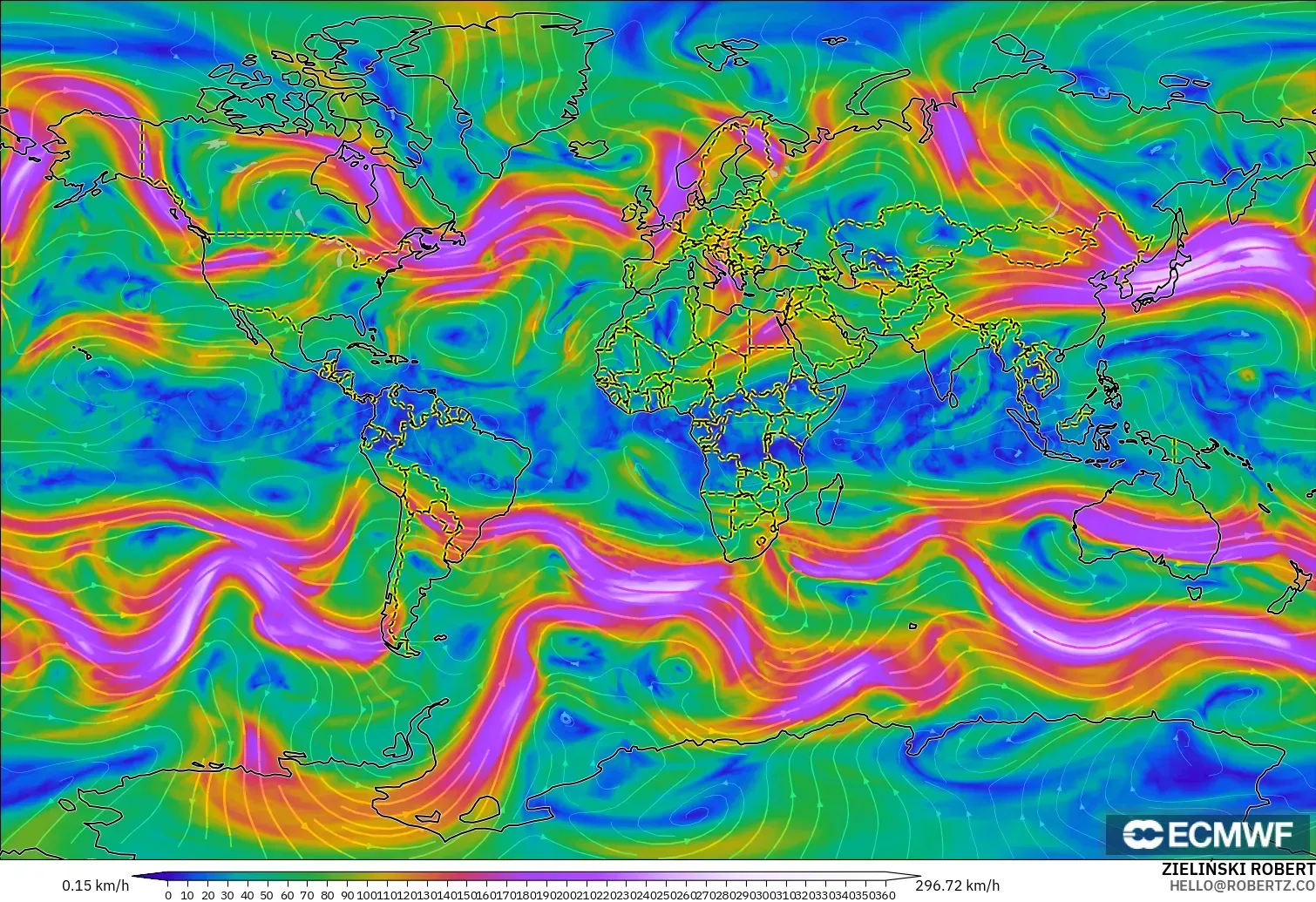 ECMWF IFS 0.25° modelo - Mundo, Viento a 300 hPa (corriente en chorro)