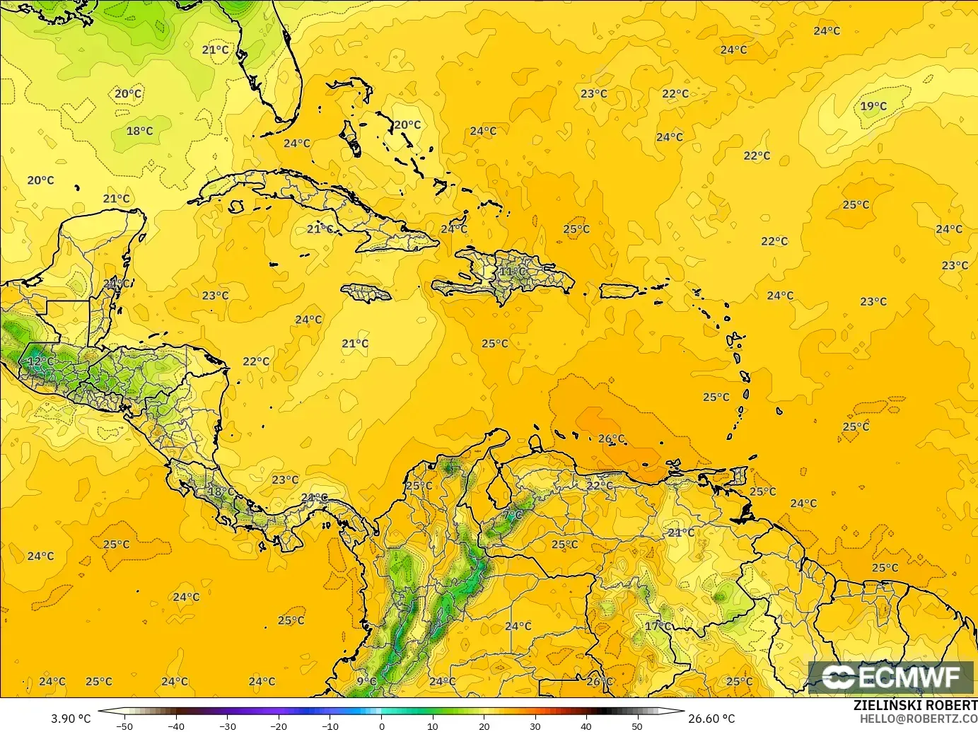 ECMWF IFS 0.25° modelo - Caribe, Punto de rocío a 2 m