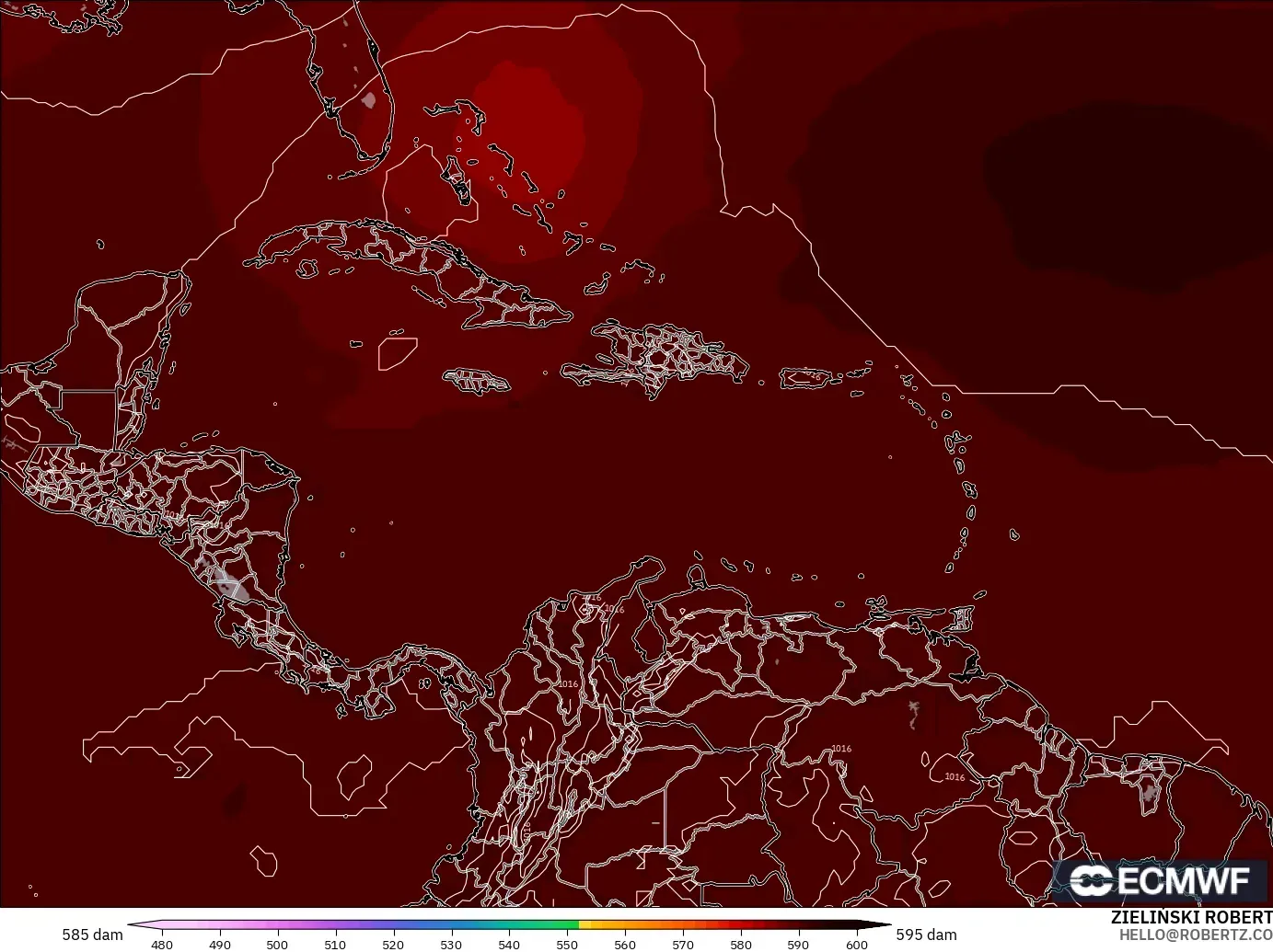 ECMWF IFS 0.25° modelo - Caribe, Altura geopotencial a 500 hPa