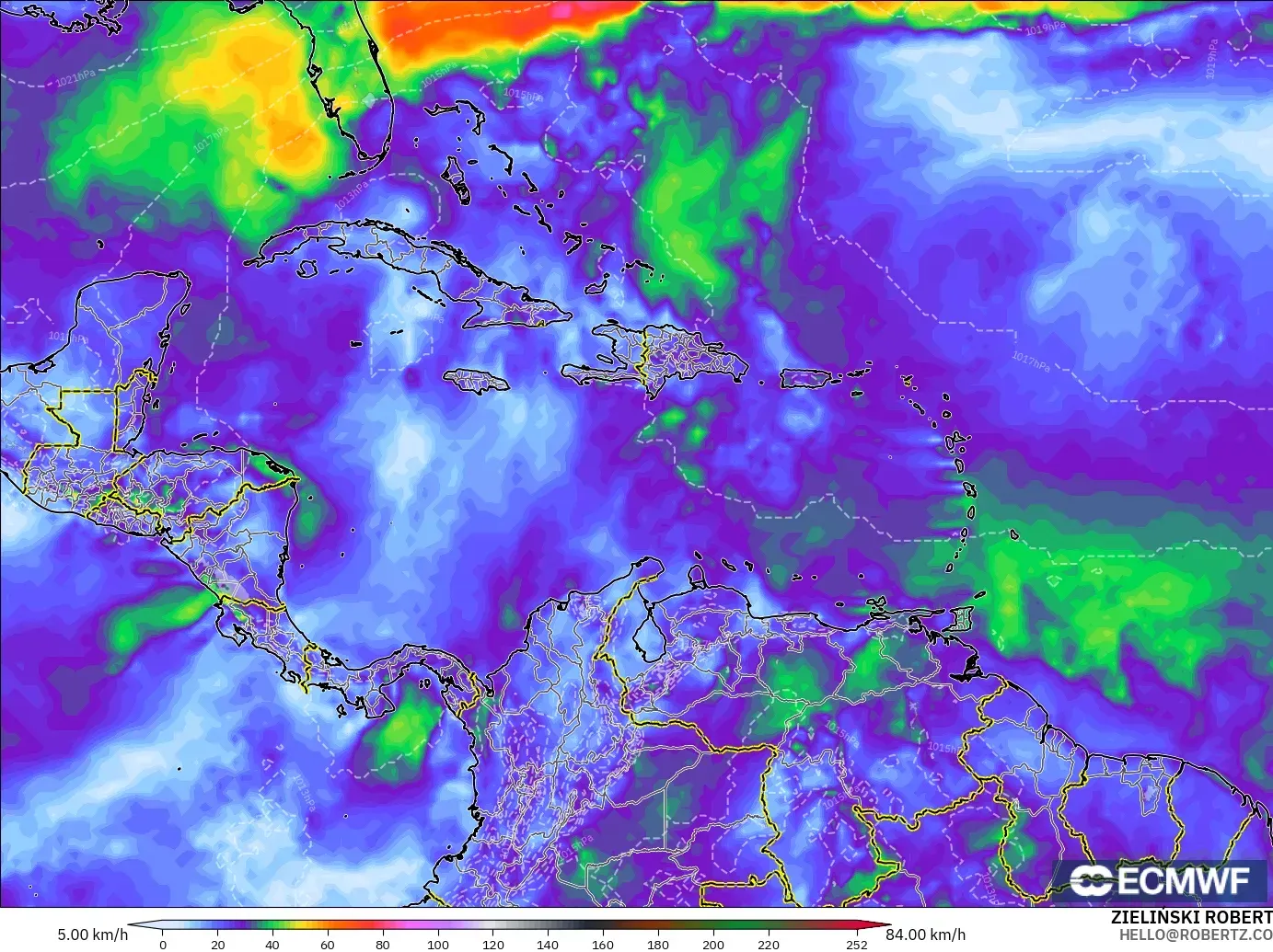 ECMWF IFS 0.25° modelo - Caribe, Ráfagas de viento