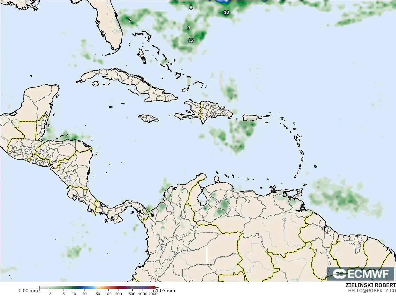 ECMWF IFS 0.25° modelo - Caribe, Acumulación de precipitación