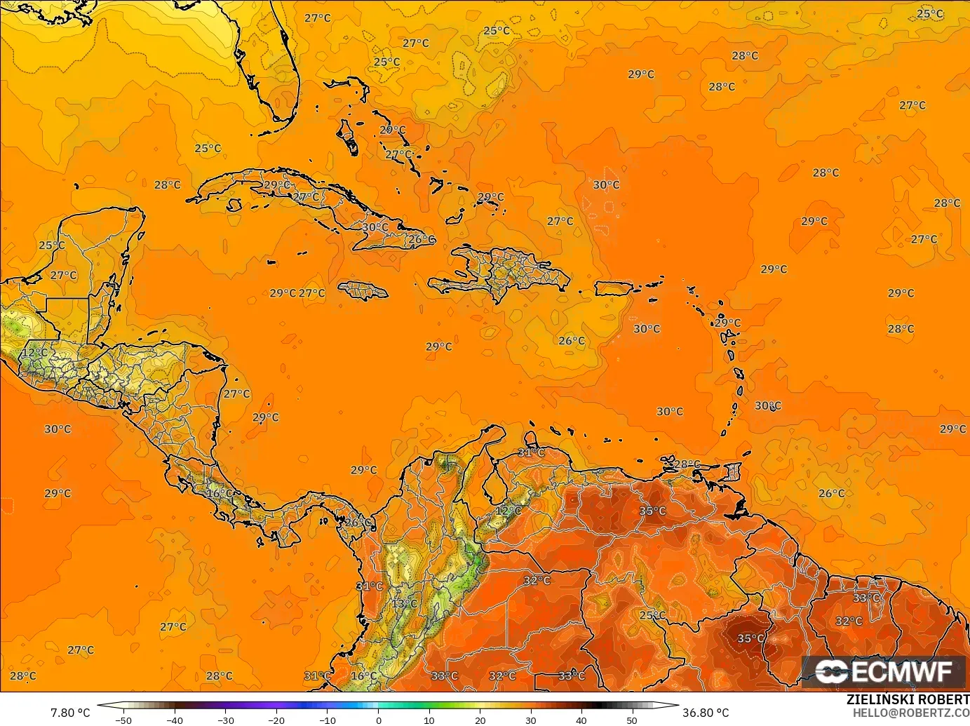 ECMWF IFS 0.25° modelo - Caribe, Temperatura a 2 m
