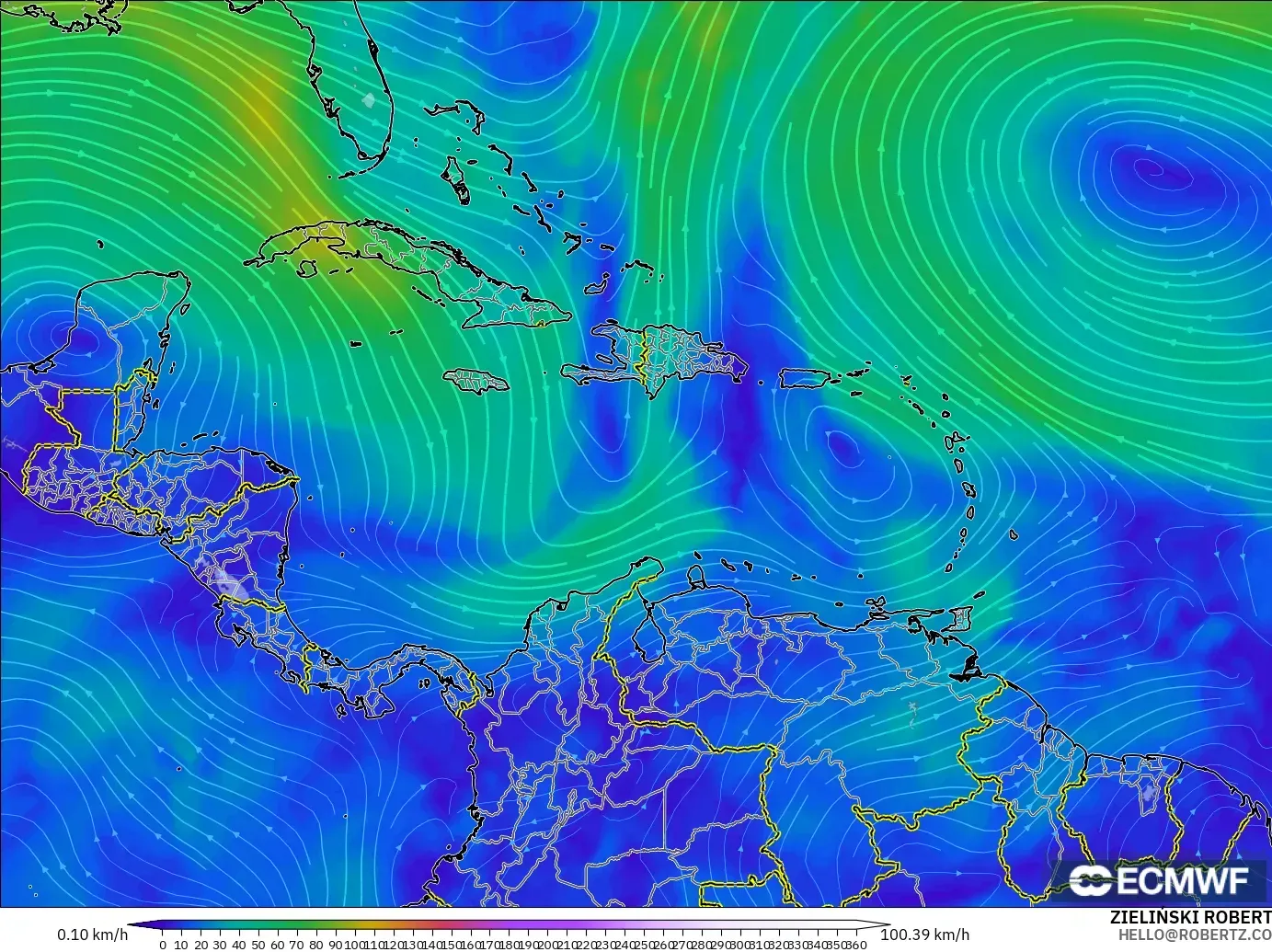 ECMWF IFS 0.25° modelo - Caribe, Viento a 300 hPa (corriente en chorro)