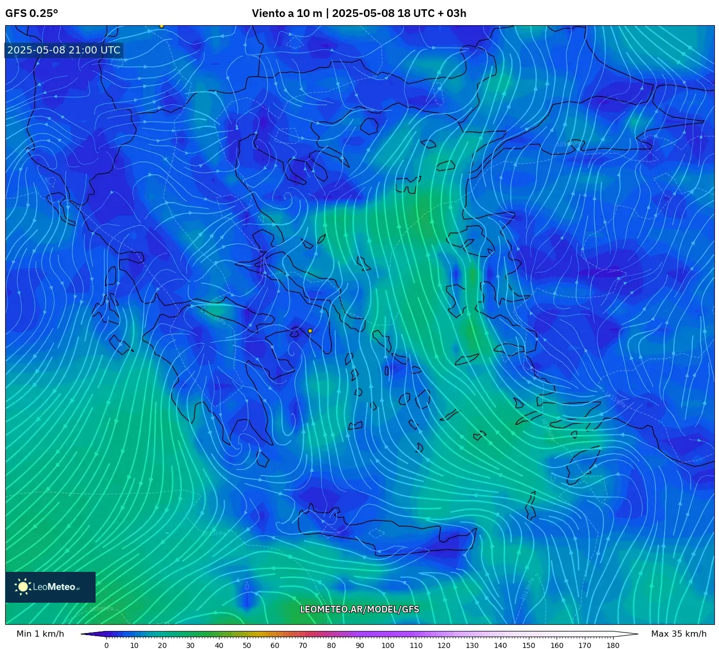 GFS - Grecia, Viento a 10 m GFS - Grecia, Viento a 10 m