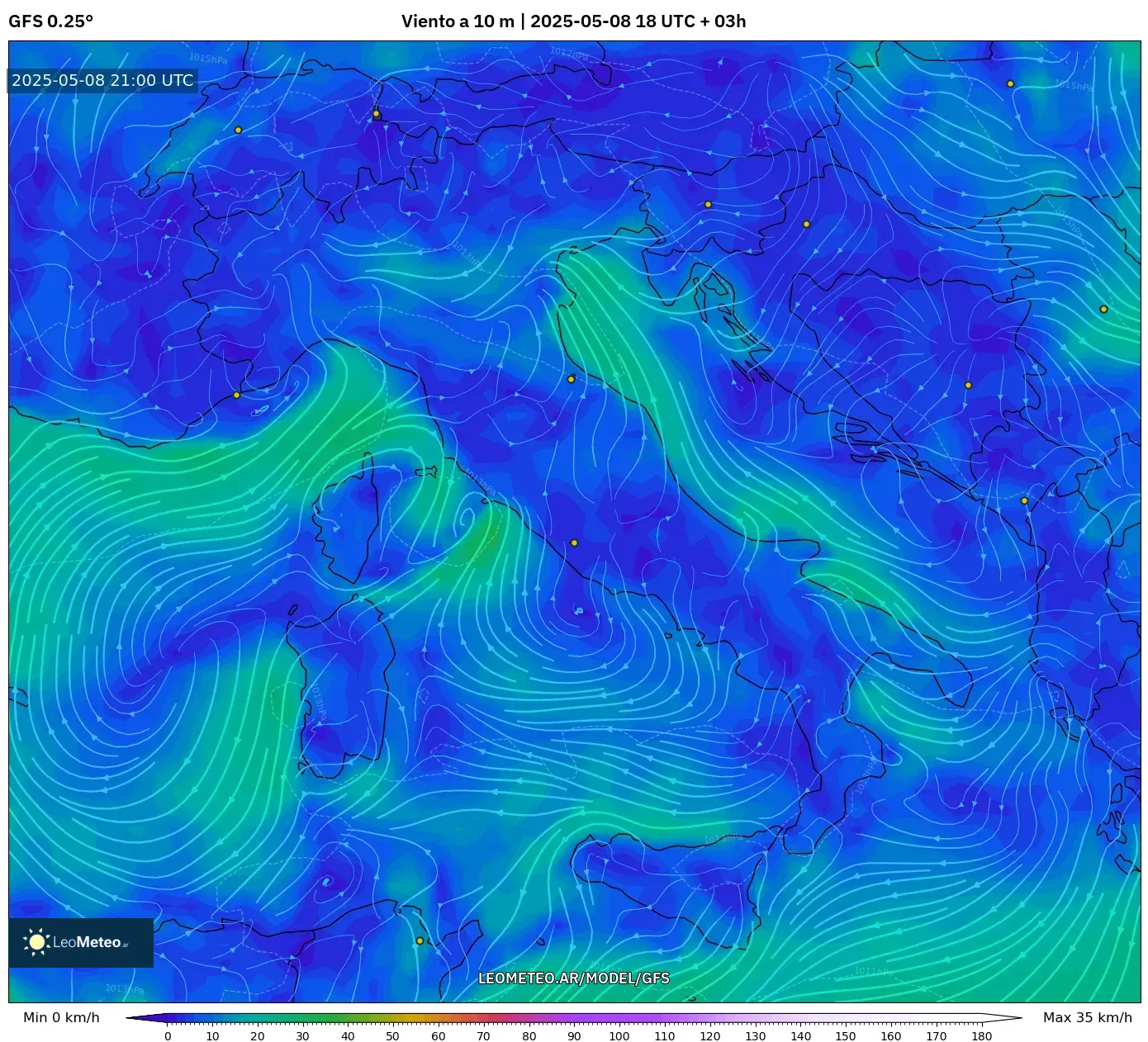 GFS - Italia, Viento a 10 m GFS - Italia, Viento a 10 m