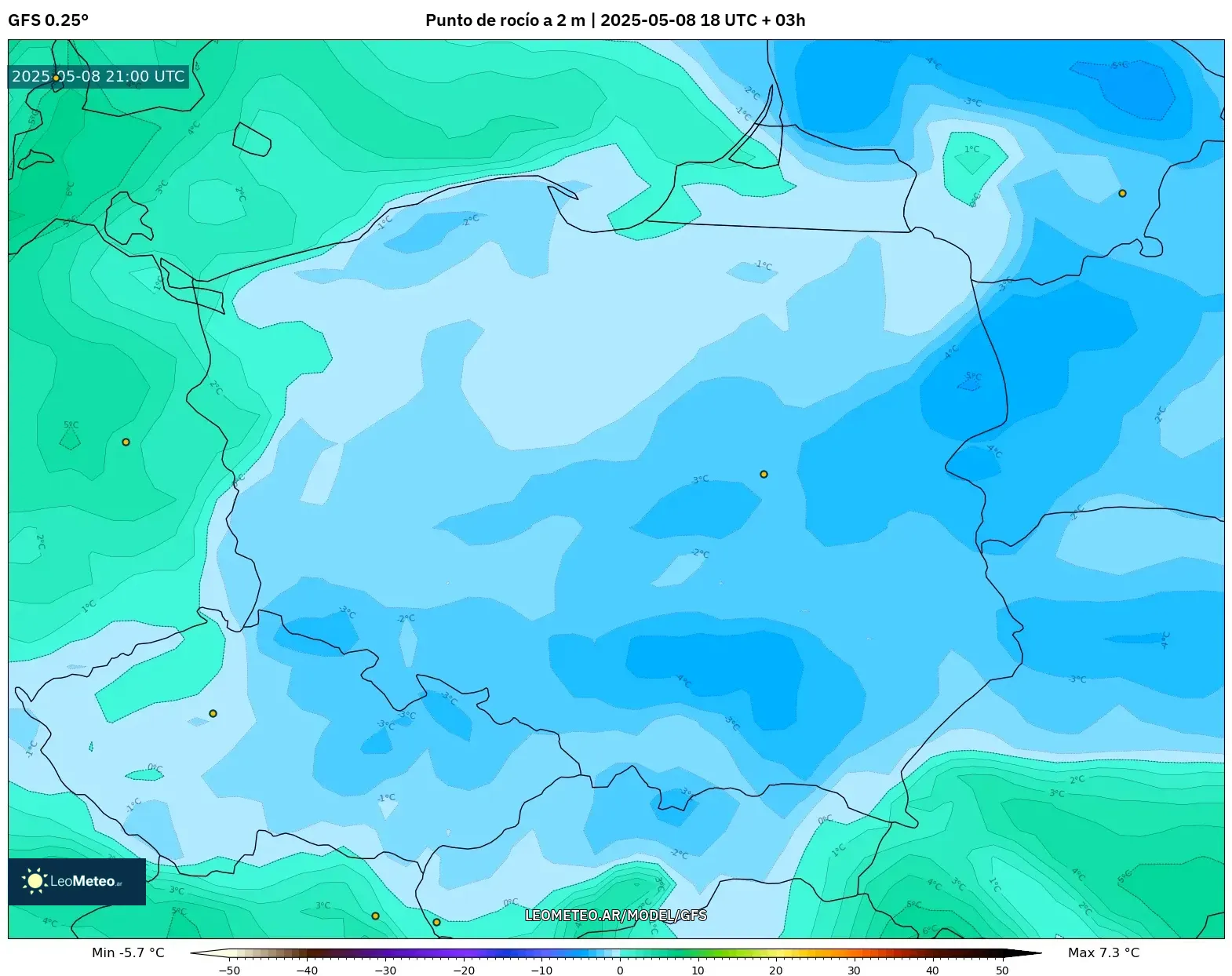 GFS - Polonia, Punto de rocío a 2 m GFS - Polonia, Punto de rocío a 2 m