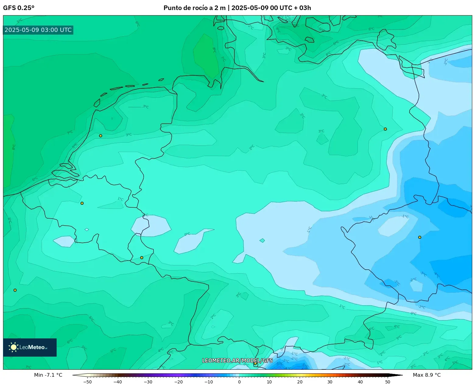GFS - Alemania, Punto de rocío a 2 m GFS - Alemania, Punto de rocío a 2 m