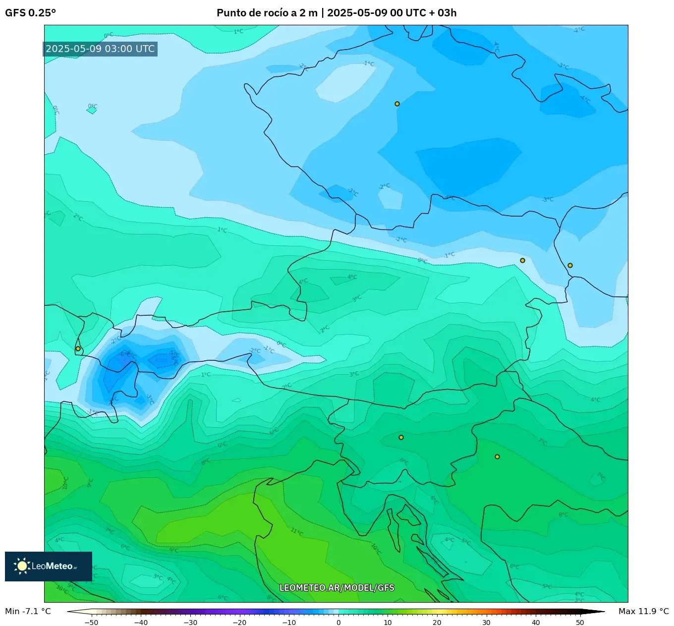 GFS - Austria, Punto de rocío a 2 m GFS - Austria, Punto de rocío a 2 m