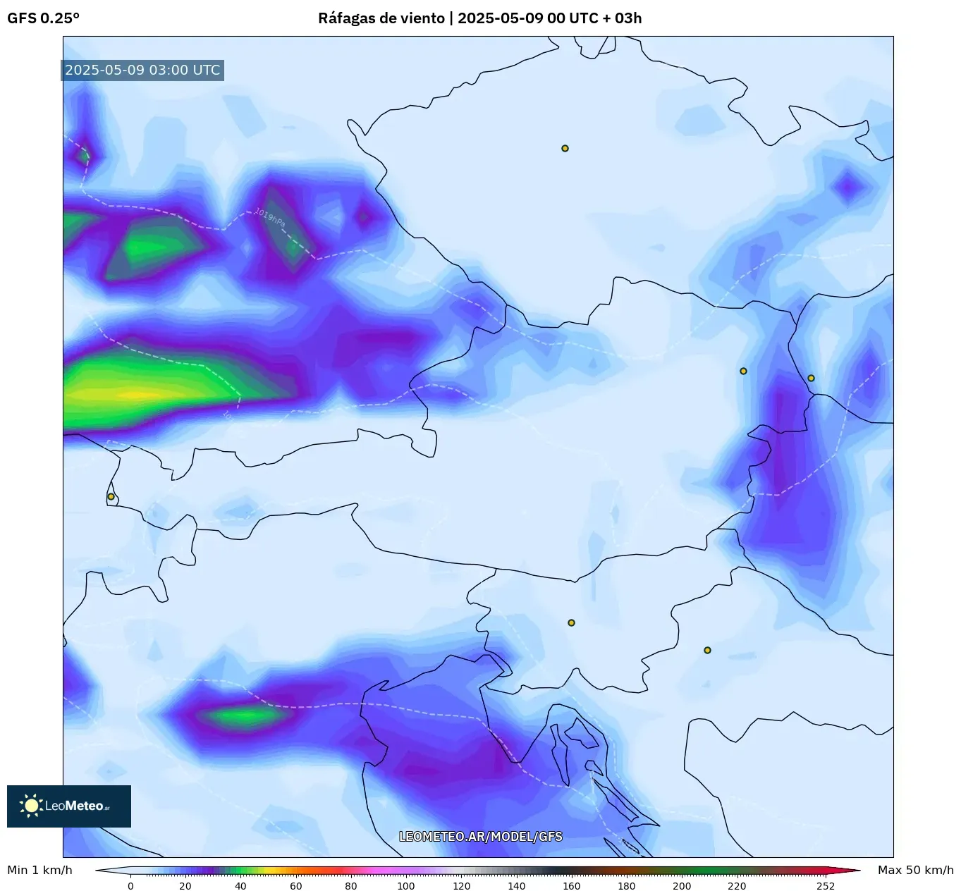 GFS - Austria, Ráfagas de viento GFS - Austria, Ráfagas de viento