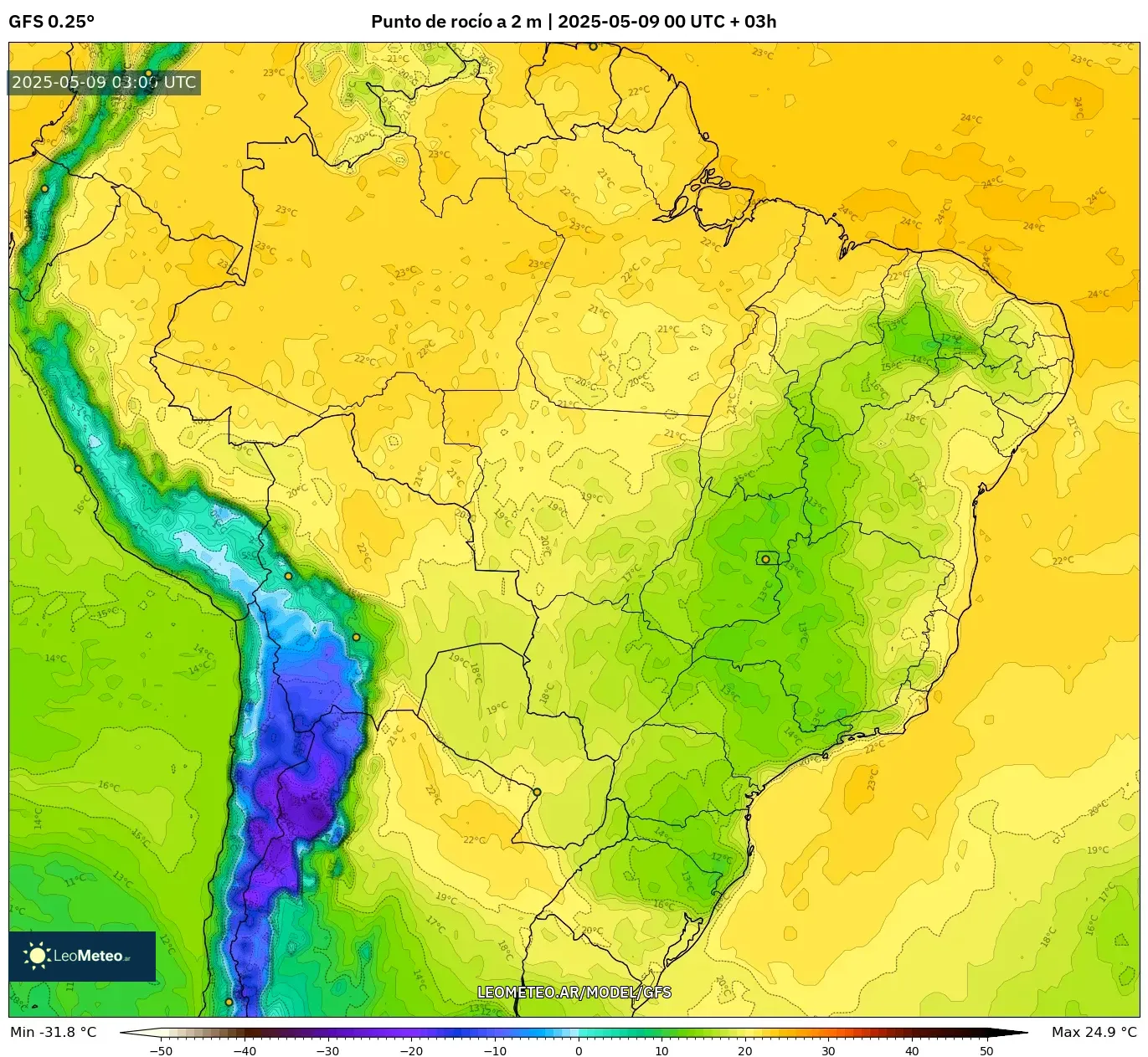 GFS - Brasil, Punto de rocío a 2 m GFS - Brasil, Punto de rocío a 2 m