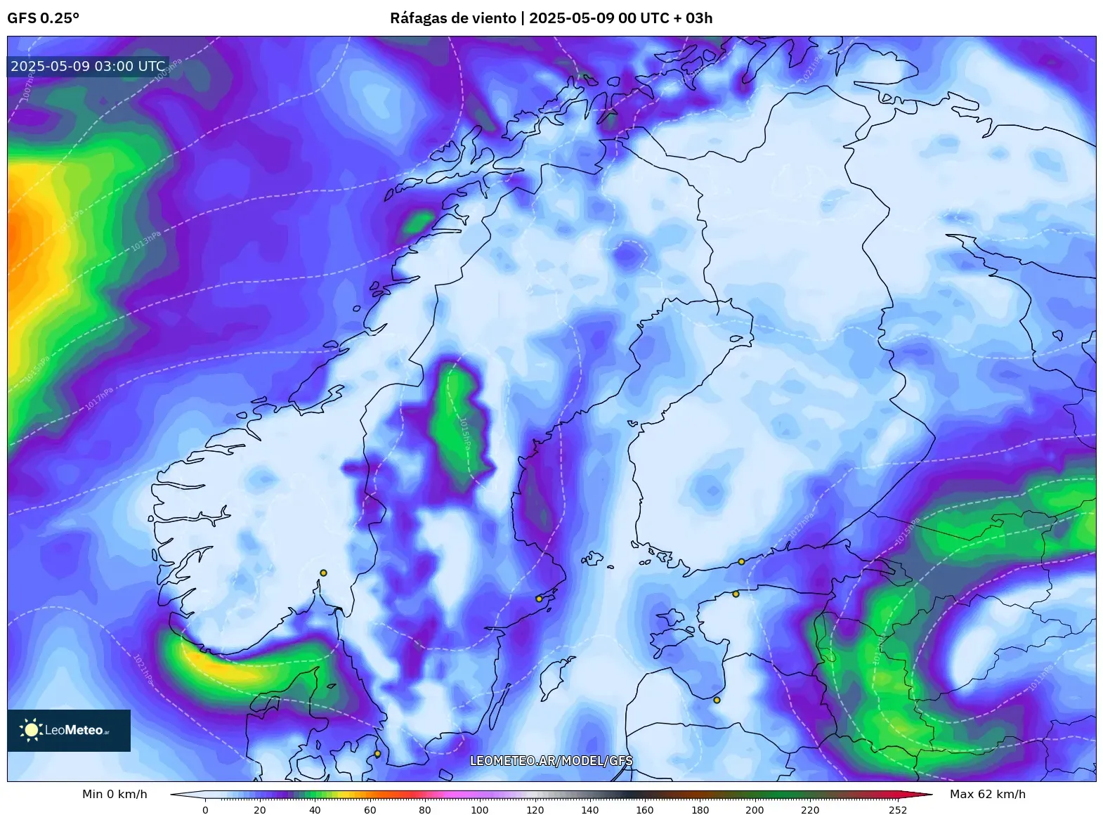 GFS - Escandinavia, Ráfagas de viento GFS - Escandinavia, Ráfagas de viento