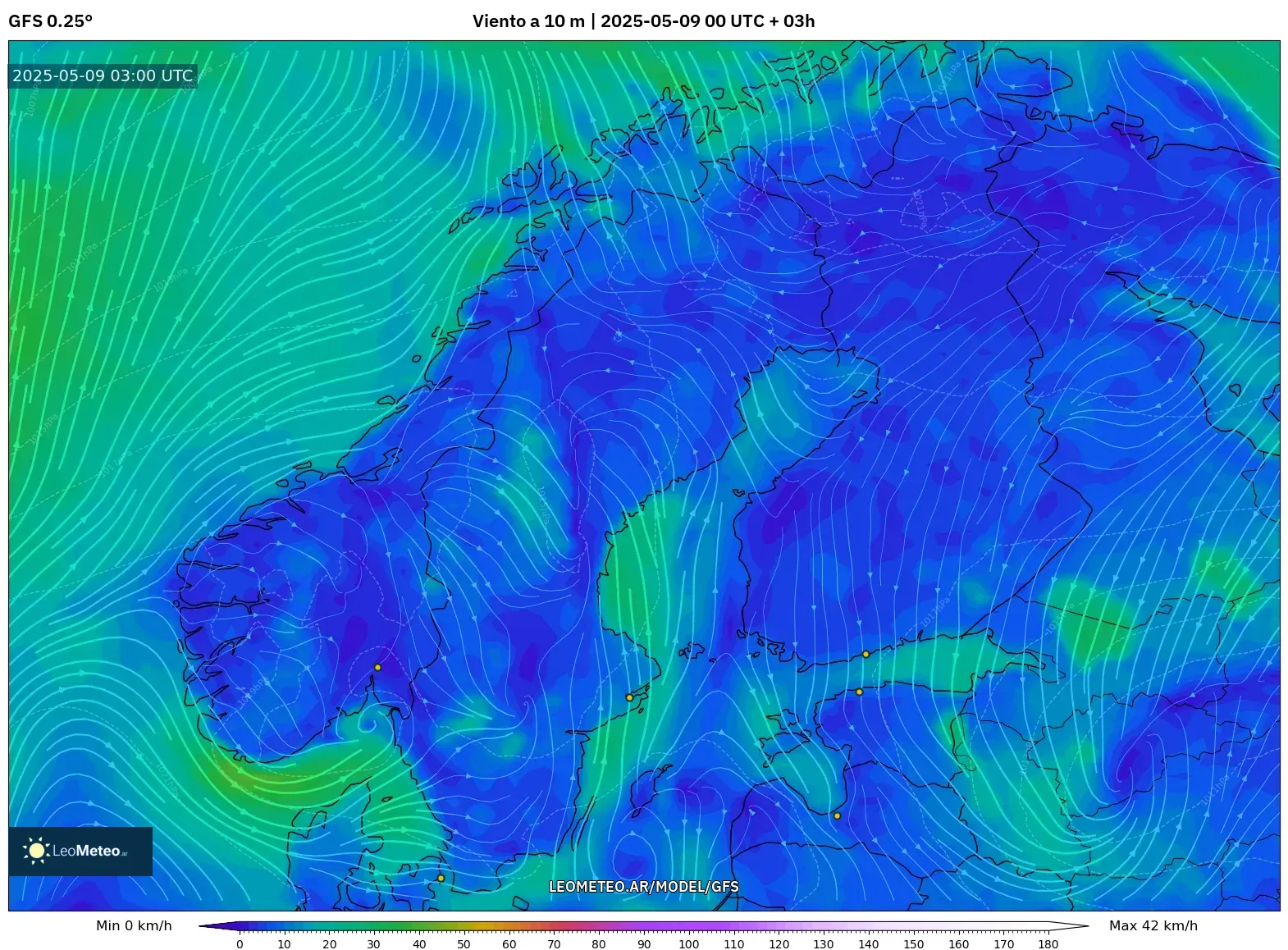 GFS - Escandinavia, Viento a 10 m GFS - Escandinavia, Viento a 10 m