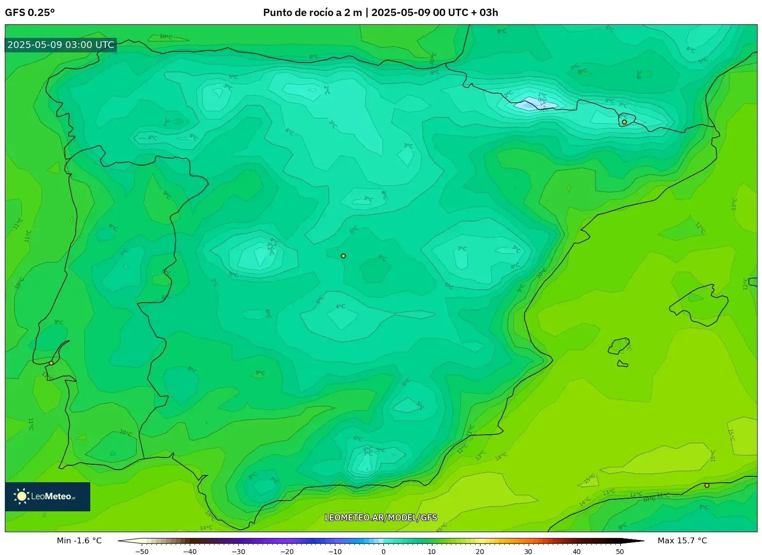 GFS - España, Punto de rocío a 2 m GFS - España, Punto de rocío a 2 m