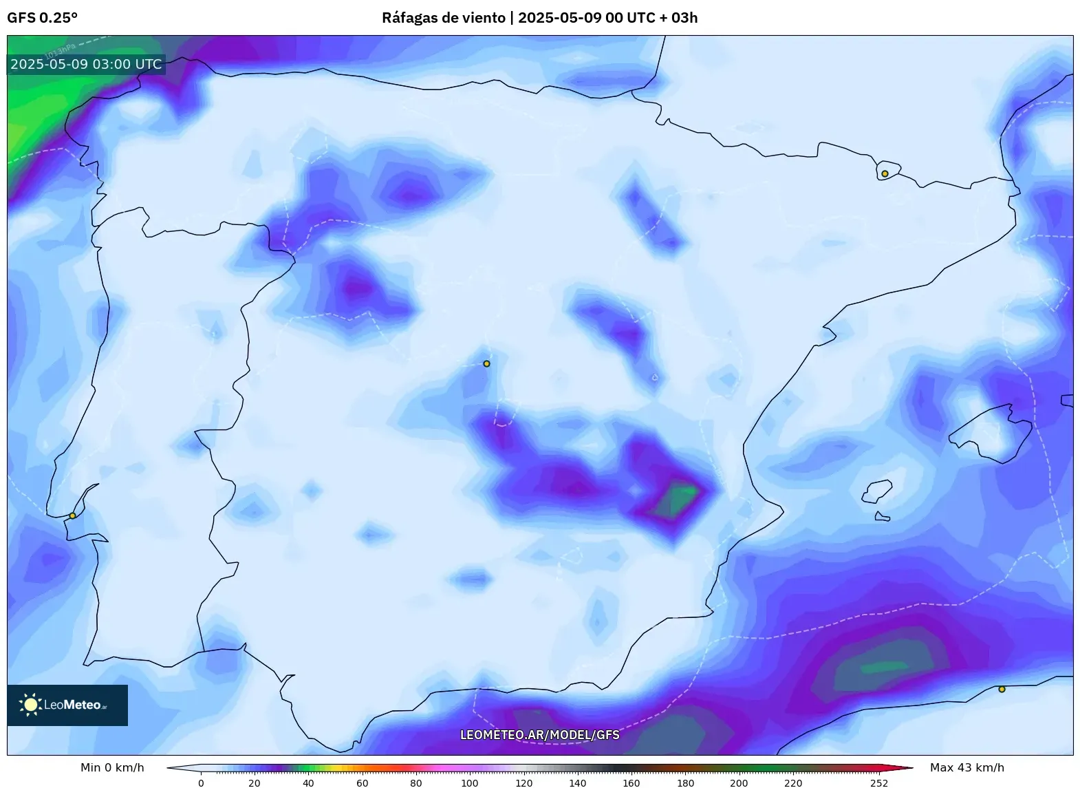 GFS - España, Ráfagas de viento GFS - España, Ráfagas de viento