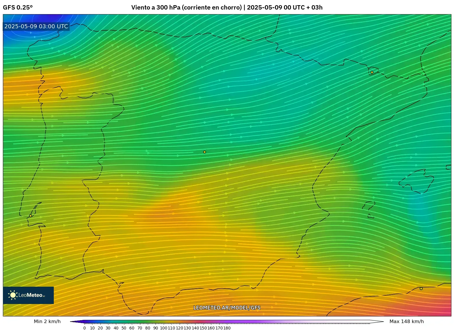 GFS - España, Viento a 300 hPa (corriente en chorro) GFS - España, Viento a 300 hPa (corriente en chorro)