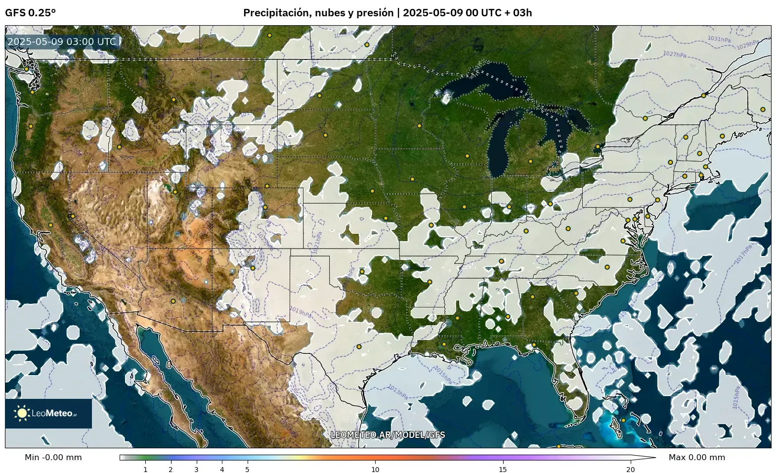 GFS - Estados Unidos, Precipitación, nubes y presión GFS - Estados Unidos, Precipitación, nubes y presión