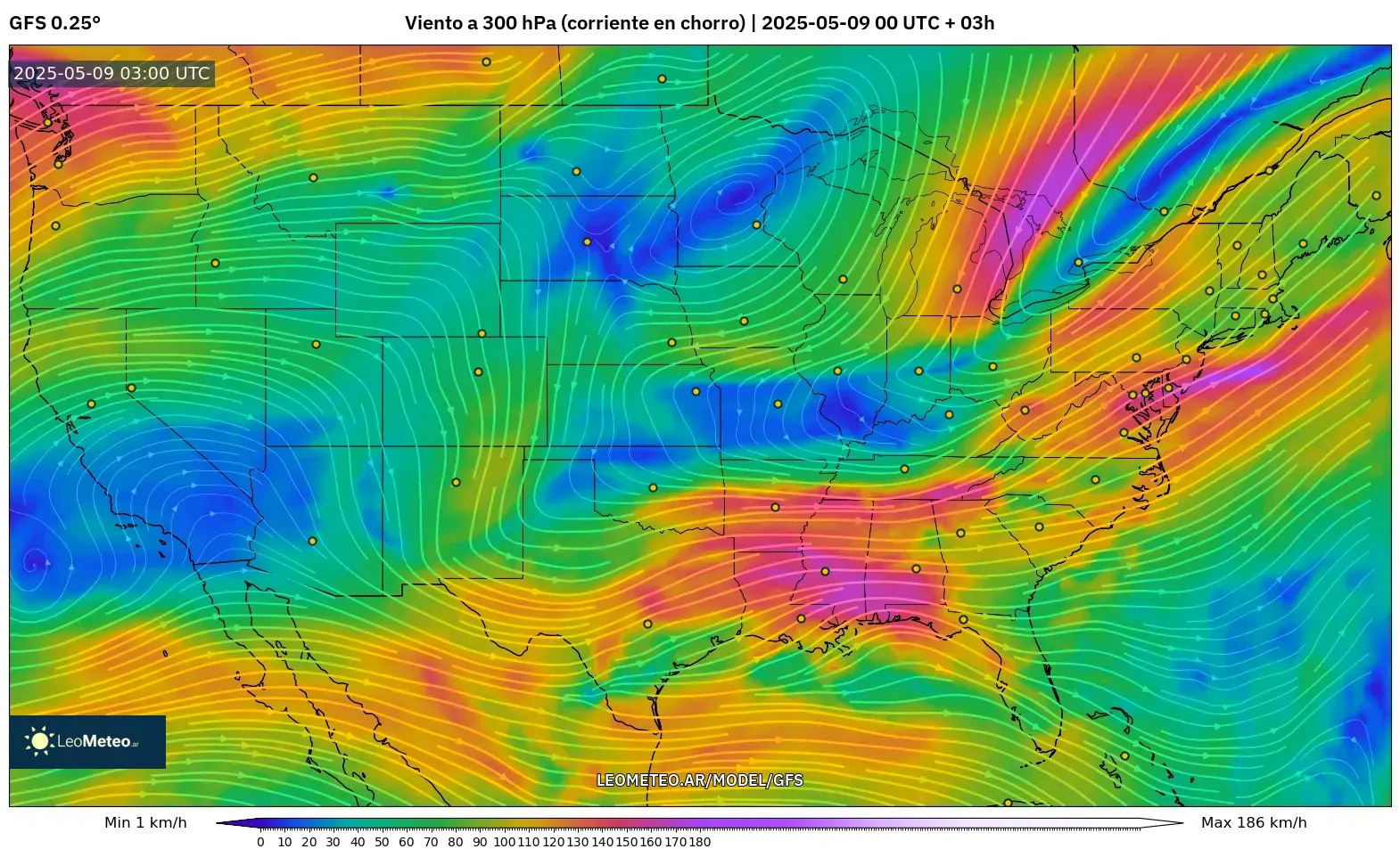 GFS - Estados Unidos, Viento a 300 hPa (corriente en chorro) GFS - Estados Unidos, Viento a 300 hPa (corriente en chorro)