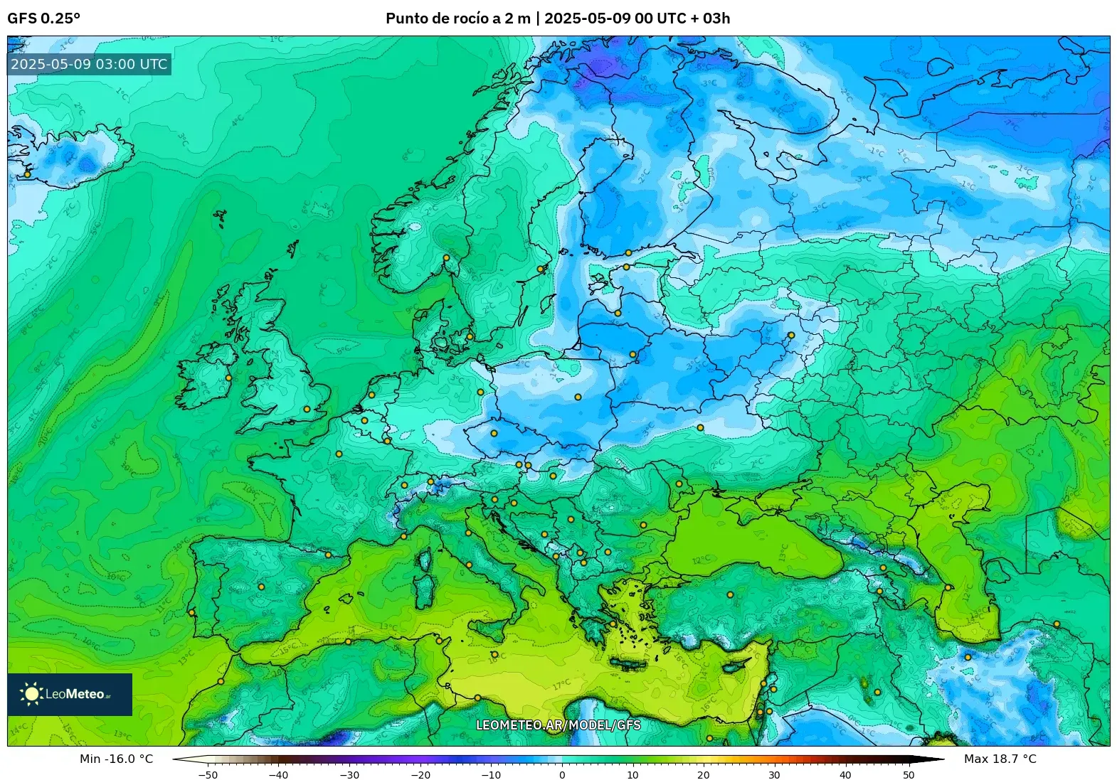 GFS - Europa, Punto de rocío a 2 m