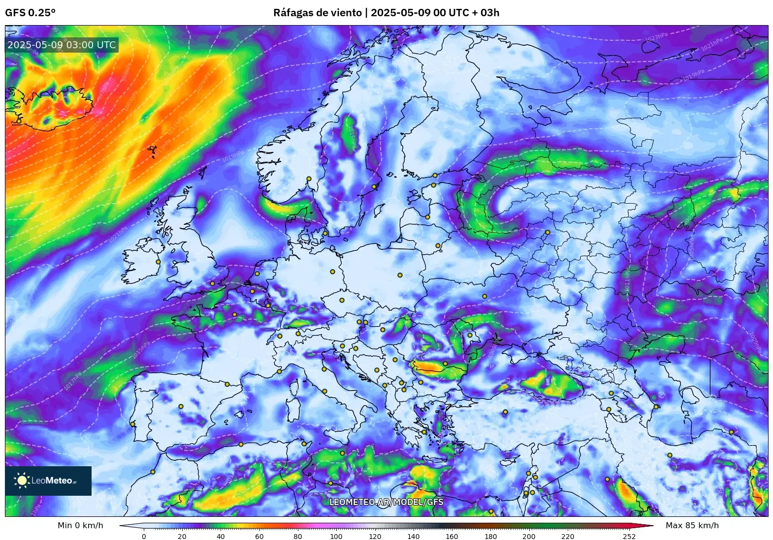 GFS - Europa, Ráfagas de viento