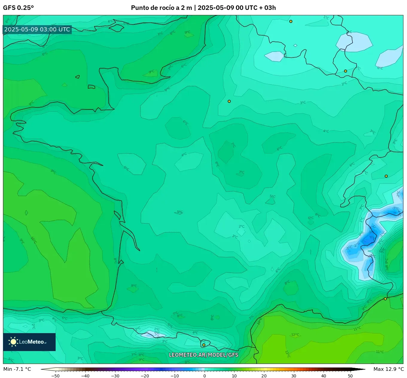 GFS - Francia, Punto de rocío a 2 m GFS - Francia, Punto de rocío a 2 m