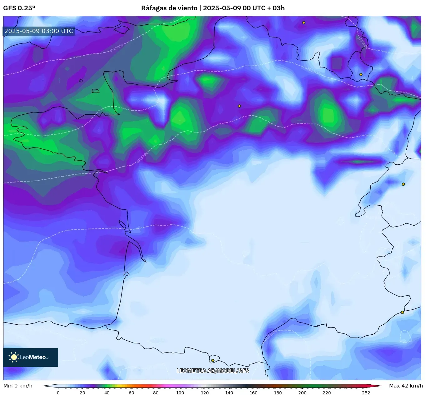 GFS - Francia, Ráfagas de viento GFS - Francia, Ráfagas de viento