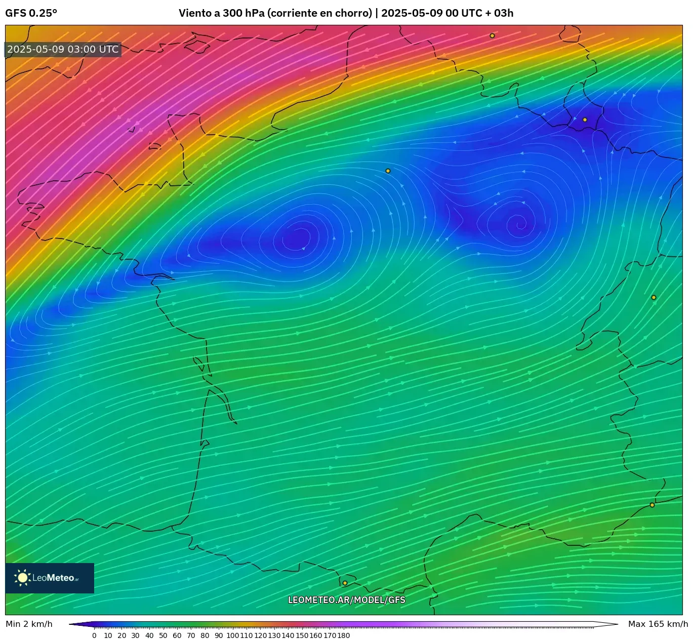 GFS - Francia, Viento a 300 hPa (corriente en chorro) GFS - Francia, Viento a 300 hPa (corriente en chorro)