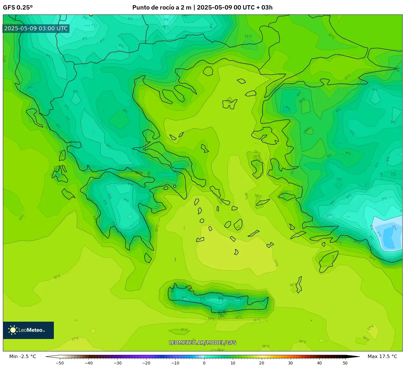 GFS - Grecia, Punto de rocío a 2 m GFS - Grecia, Punto de rocío a 2 m