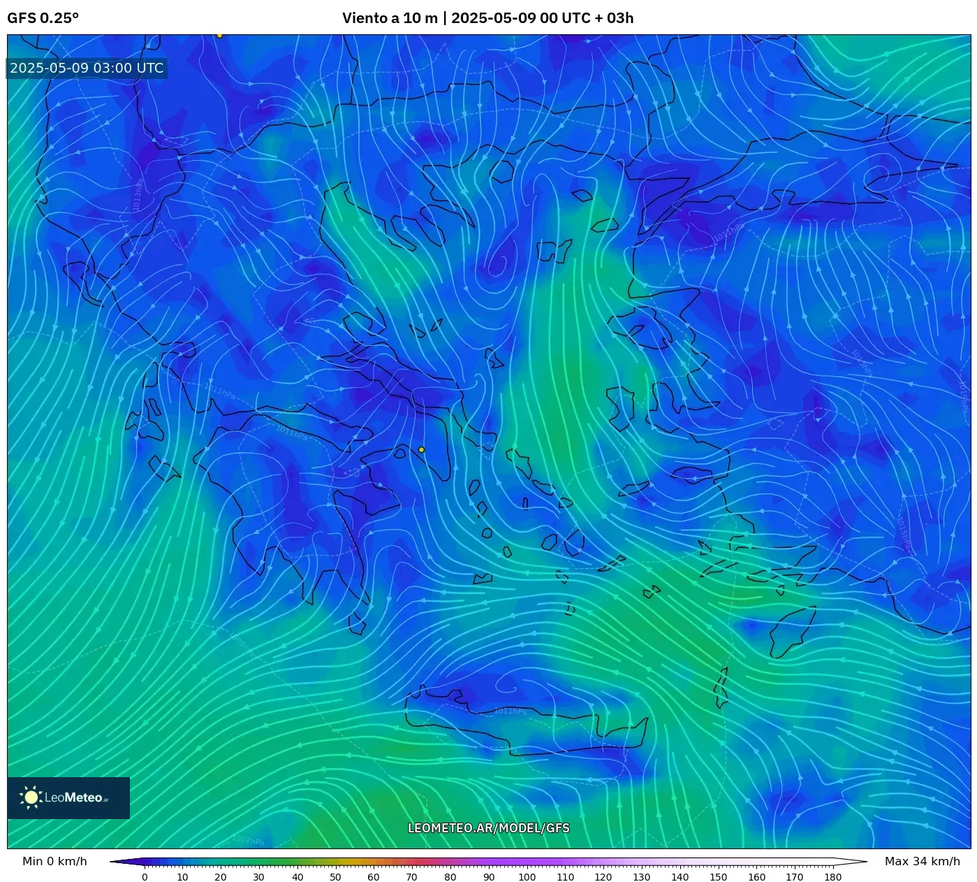 GFS - Grecia, Viento a 10 m GFS - Grecia, Viento a 10 m